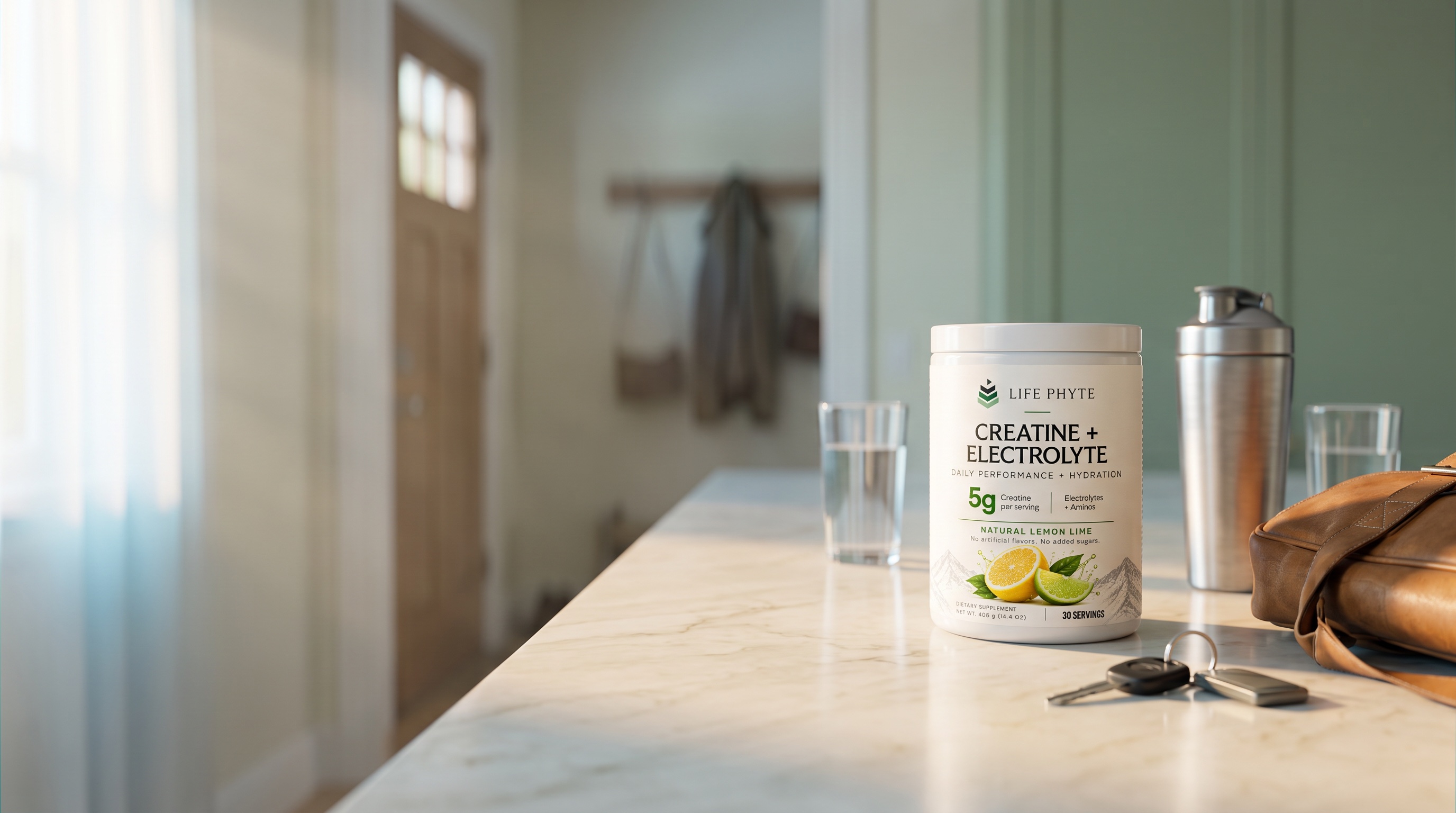 Charge, Creatine + Electrolyte, on a kitchen counter by the door at sunrise